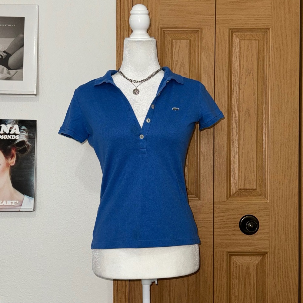 Lacoste Blue Short Sleeve Stretch Pique Polo Shirt Women's Sz 38 Preppy Academia